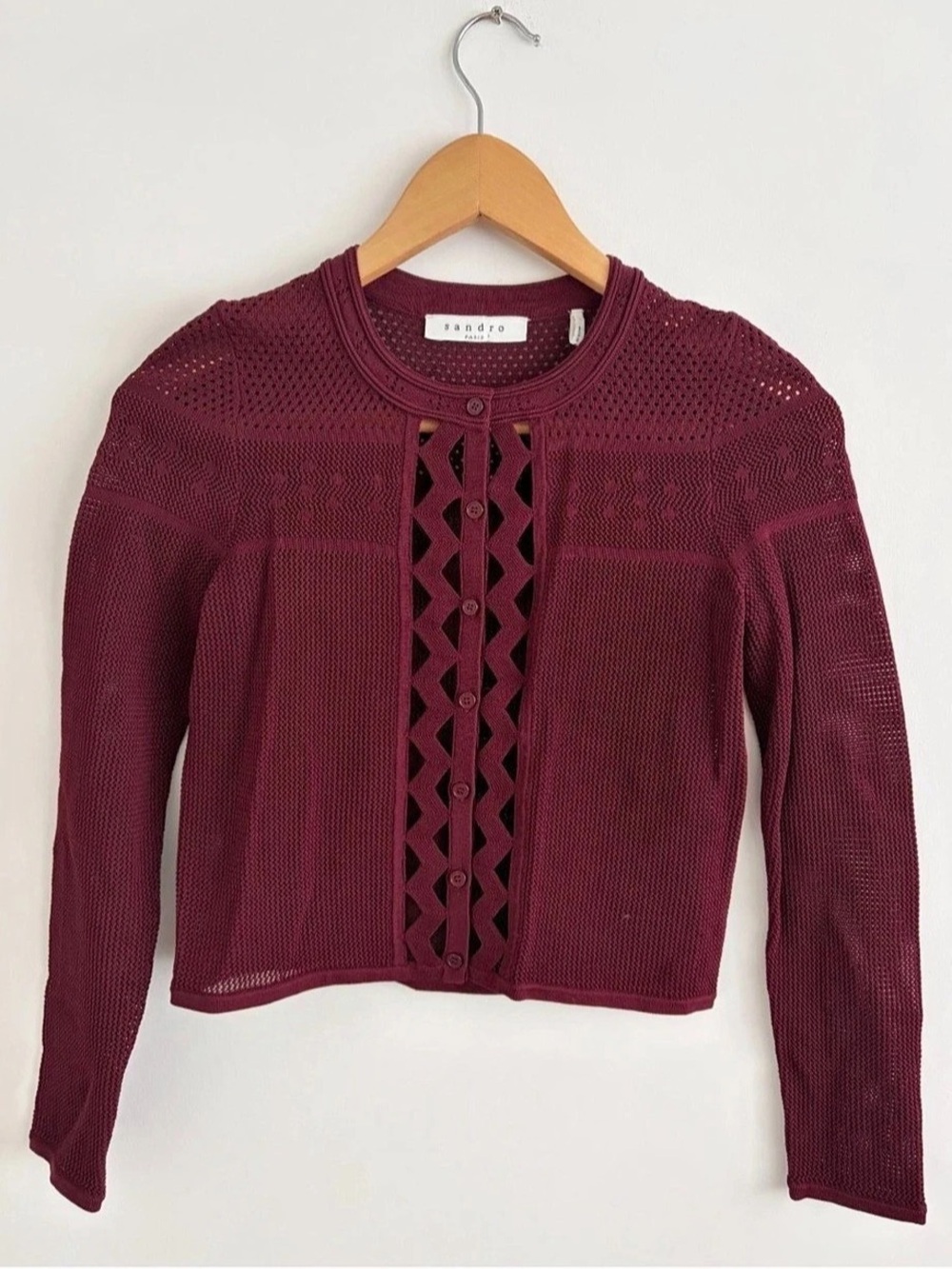 Sandro Cropped Pointelle Knit Cardigan Burgundy Small